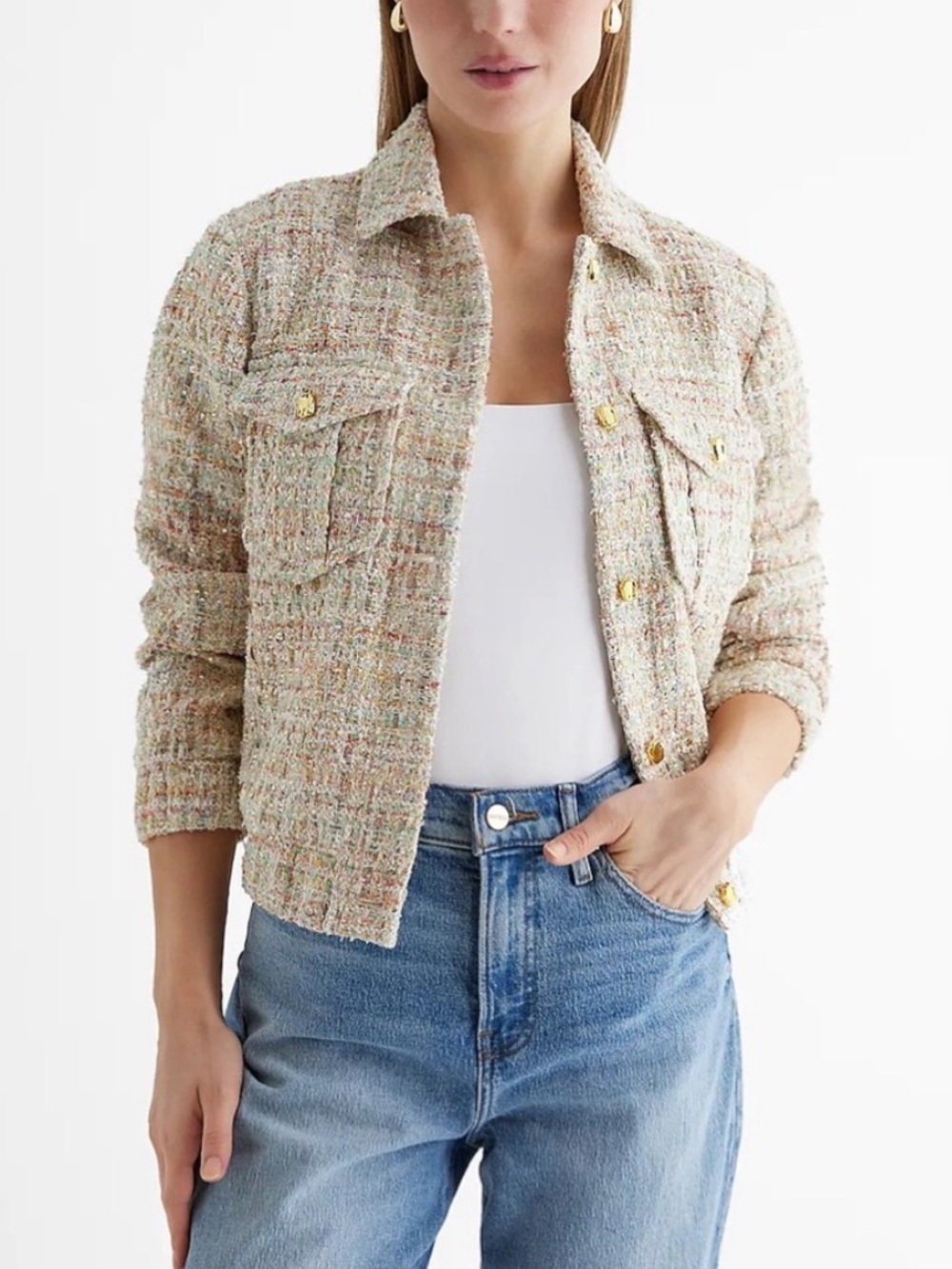 NWT Express Sequin Tweed Novelty Button Cropped Bomber Jacket XL